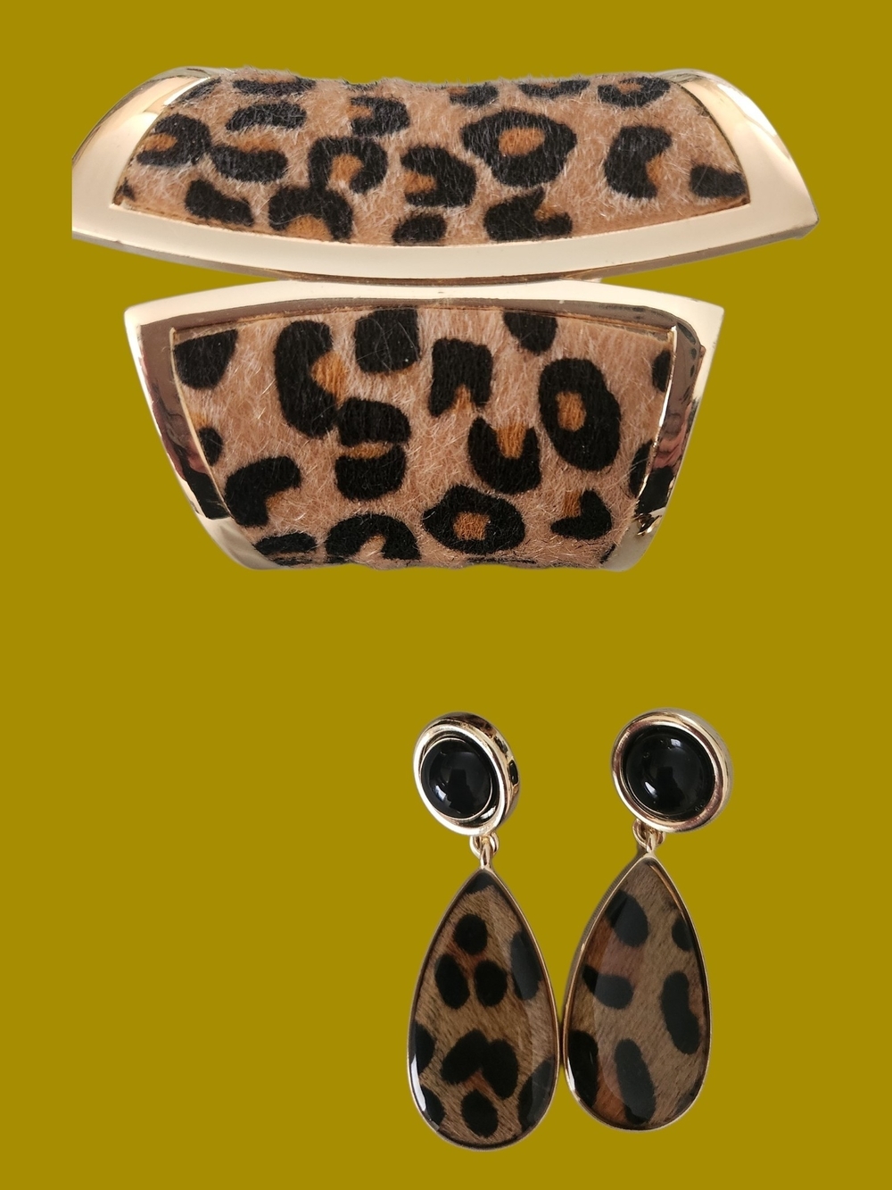 EYE CANDY Leopard Print Gold-Tone Cuff Bracelet  - Calf Hair - Picture 4 of 4